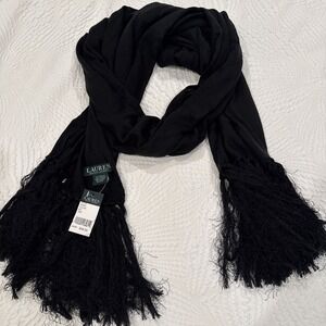 LAUREN RALPH LAUREN WOMEN LONG BLACK SCARF WITH FRINGE 75x 20